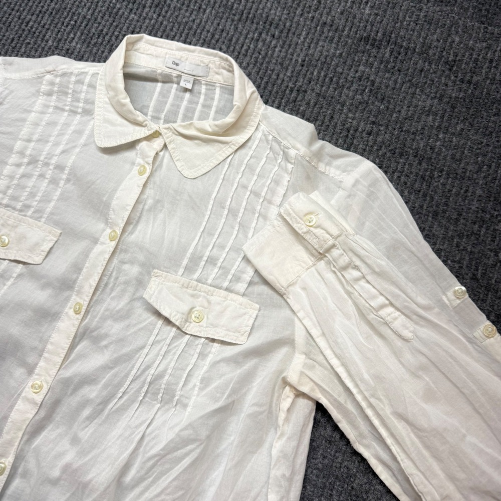 Gap Womens Large White Cotton Pintuck Button Down Roll Tab Sleeve Shirt